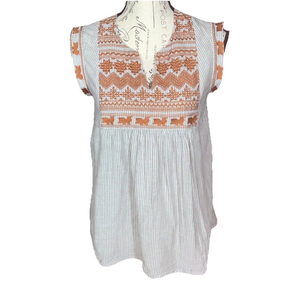 THML Anthropologie Embroidered Tunic Dress Small 100% Cotton Boho Stripe Orange